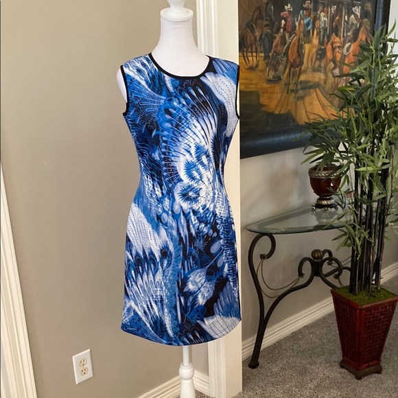 Milano Blue and Black Patterned Mini Dress size M - Picture 2 of 6